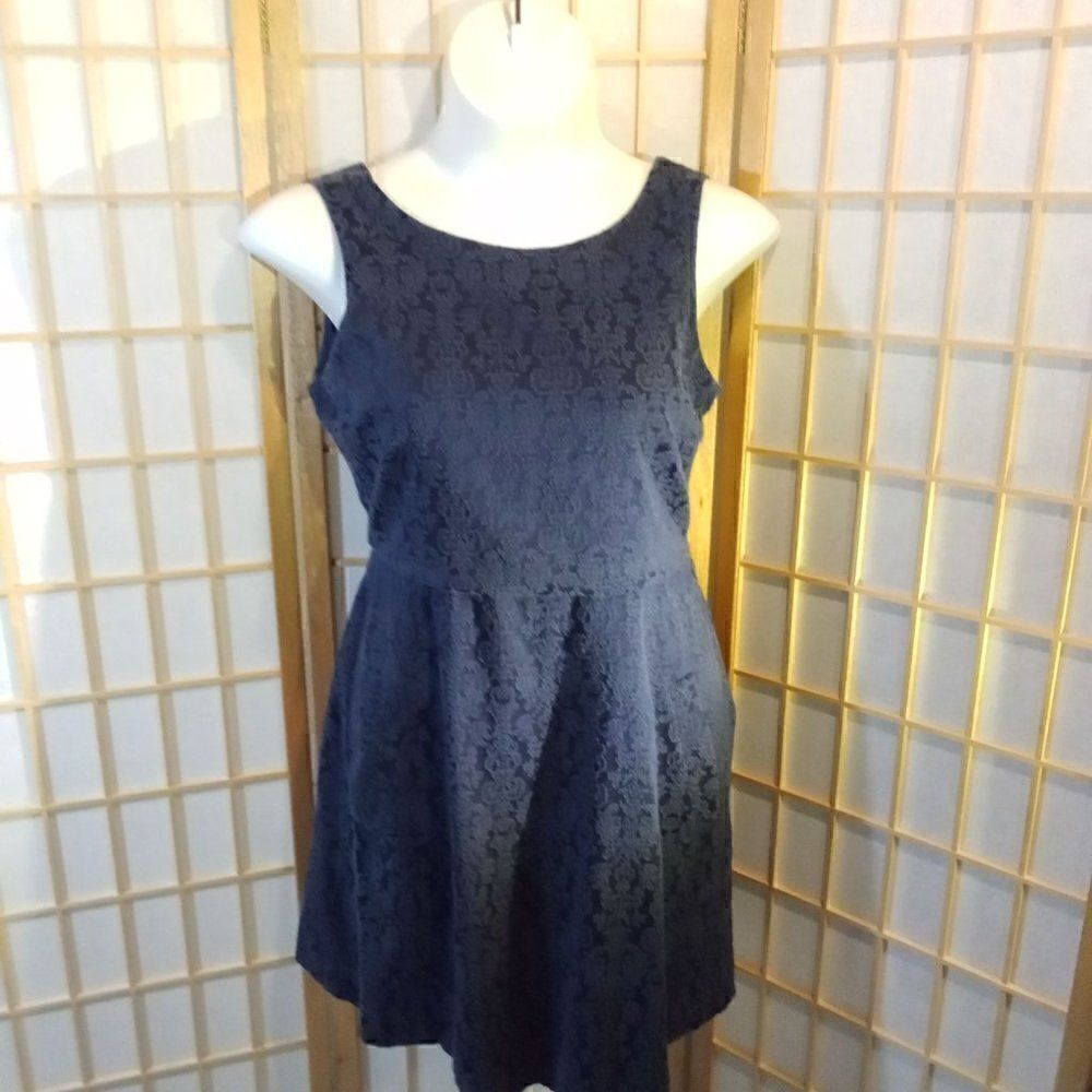 Conbipel Size 14 Navy Embossed Floral Fit & Flare Dress Pockets